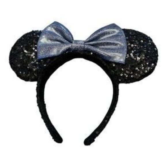 Disney Parks Sequin Minnie Mouse Shimmer Metallic Blue Bow Headband Ears - Picture 1 of 4